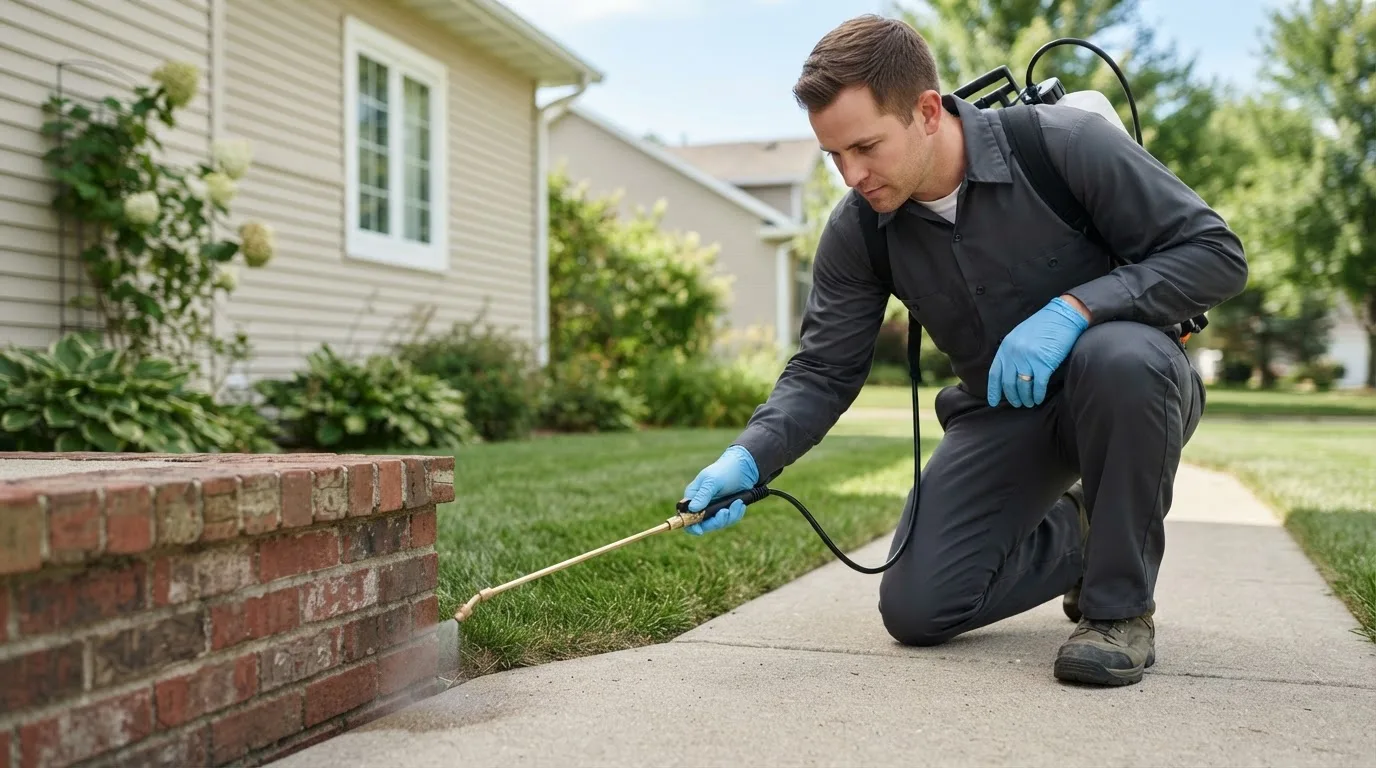 Pest control technician treating a home near Craftsbury, VT